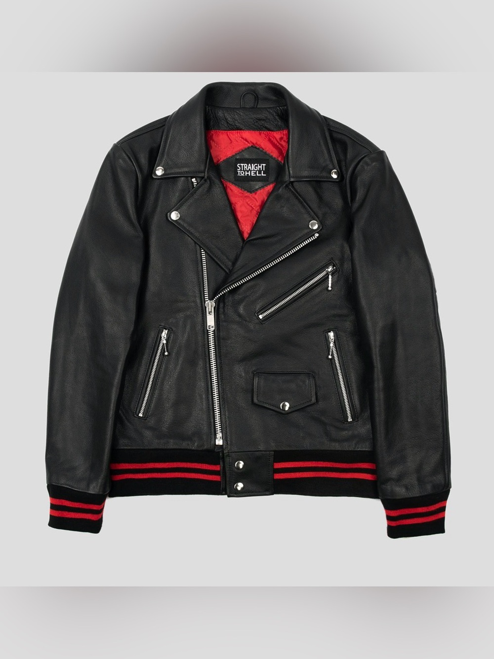 Straight to Hell “Baron” Black Leather Motorcycle Jacket, Red Details, Size 48